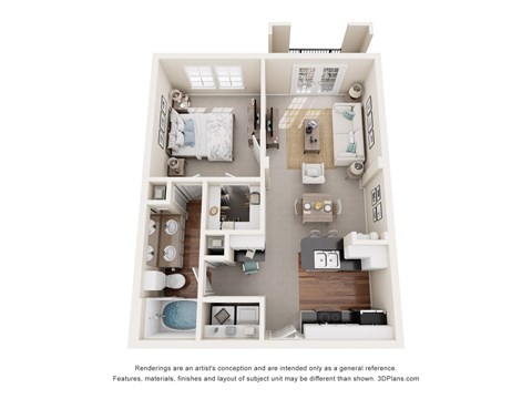 Floor plan for 1 bed, 1 bath, 696 sqft